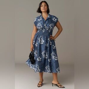 Anthropologie Hutch Smocked-Waist Short-Sleeve Midi Dress Blue Floral 1X NWT